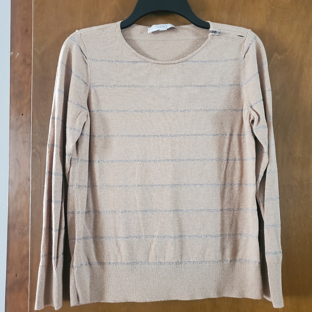 LOFT Petites Beige & Silver Striped Sweater